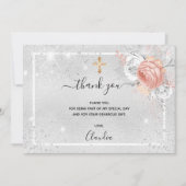 Baptisme zilveren roos goudbloemenfotomeisje bedankkaart (Voorkant)