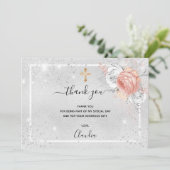 Baptisme zilveren roos goudbloemenfotomeisje bedankkaart (Staand voorkant)