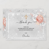 Baptisme zilveren roos goudbloemenfotomeisje bedankkaart (Voorkant / Achterkant)