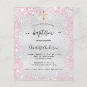 Baptisme zilveren roze meisje glitter budget uitno flyer (Voorkant)
