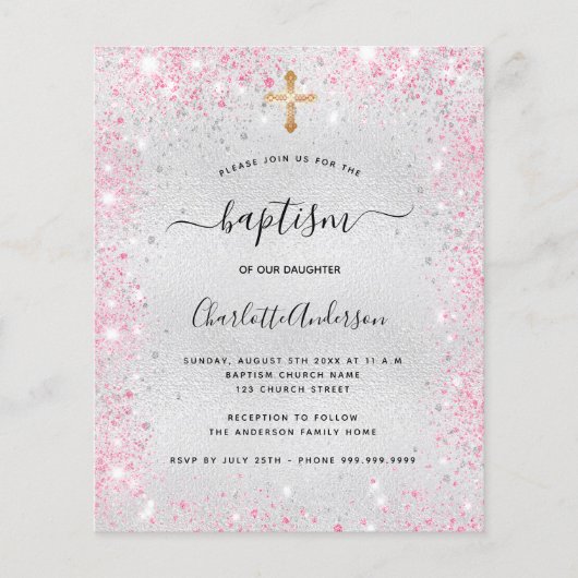 Baptisme zilveren roze meisje glitter budget uitno flyer (Voorkant)