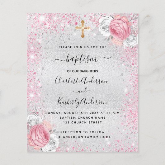 Baptisme zilveren roze tweeling florale budgetuitn (Voorkant)