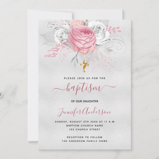 Baptisme zilverroze bloemkolen meisje elegant wit kaart (Voorkant)