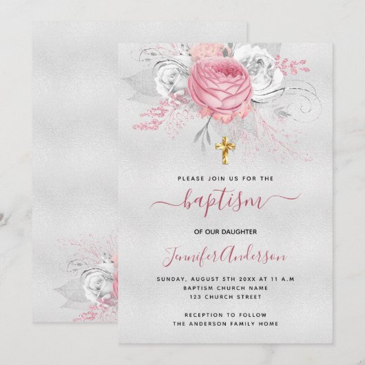 Baptisme zilverroze bloemkolen meisje elegant wit kaart (Voorkant / Achterkant)