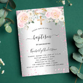 Baptisme zilverroze floralen glitter meisje elegan kaart