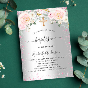 Baptisme zilverroze floralen glitter meisje elegan uitnodiging briefkaart