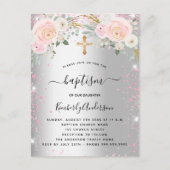 Baptisme zilverroze floralen glitter meisje elegan uitnodiging briefkaart (Voorkant)