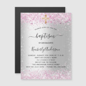 Baptisme zilverroze glitter girl nodigde magnet ui (Voorkant / Achterkant)