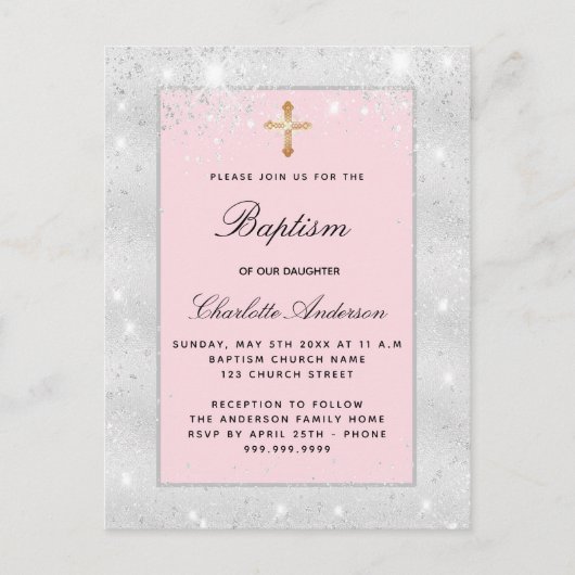 Baptisme zilverroze glitter meisje kruis elegant uitnodiging briefkaart (Voorkant)