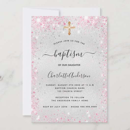 Baptisme zilverroze glitter modern kaart (Voorkant)