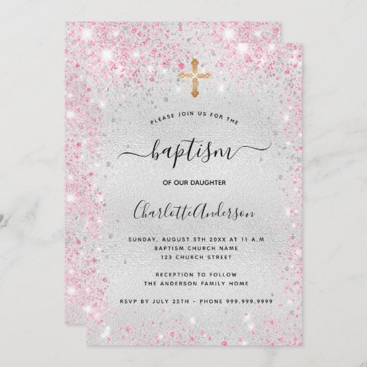 Baptisme zilverroze glitter modern kaart (Voorkant / Achterkant)