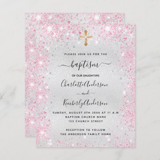 Baptisme zilverroze tweelingmeiden budgetuitnodigi (Voorkant / Achterkant)