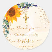 Baptisme zonnebloem Eucalyptus glitter dank u Ronde Sticker (Voorkant)
