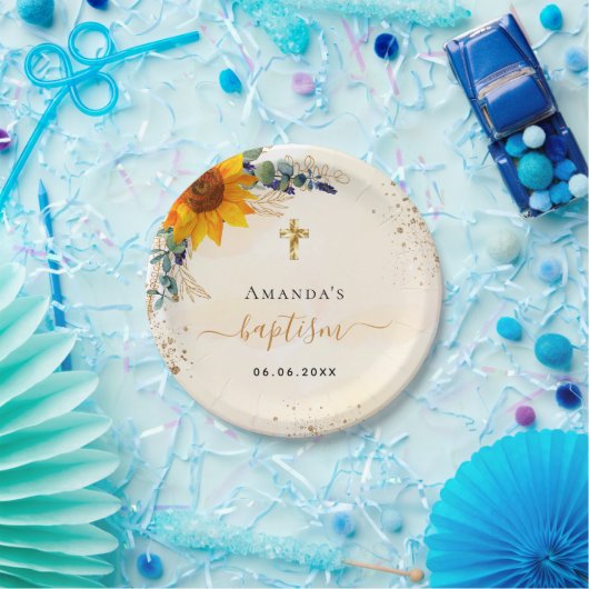 Baptisme zonnebloemen eucalyptus glitter modern papieren bordje (Feest)