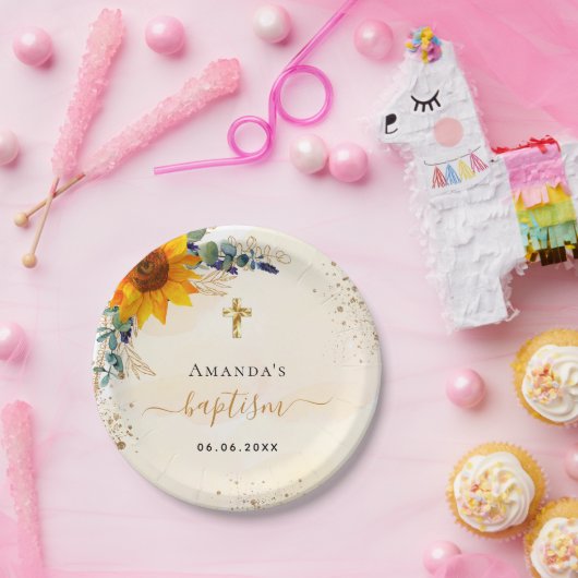 Baptisme zonnebloemen eucalyptus glitter modern papieren bordje (Feest)