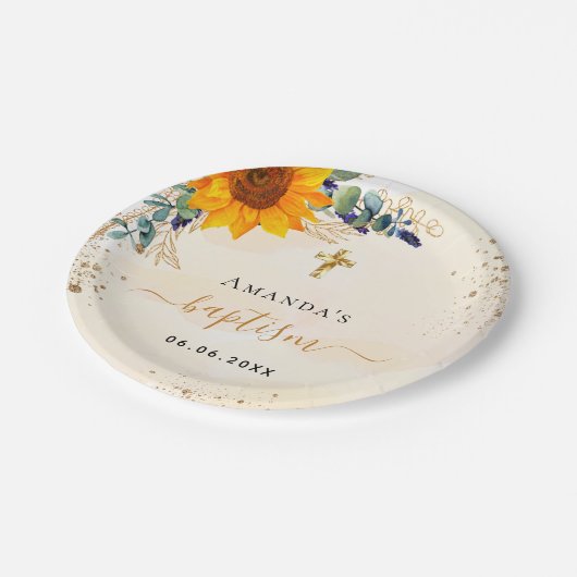 Baptisme zonnebloemen eucalyptus glitter modern papieren bordje (Gekanteld)