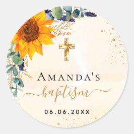 Baptisme zonnebloemen eucalyptusgroene glitter ronde sticker