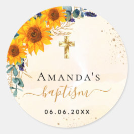 Baptisme zonnebloemen eucalyptusgroene glitter ronde sticker