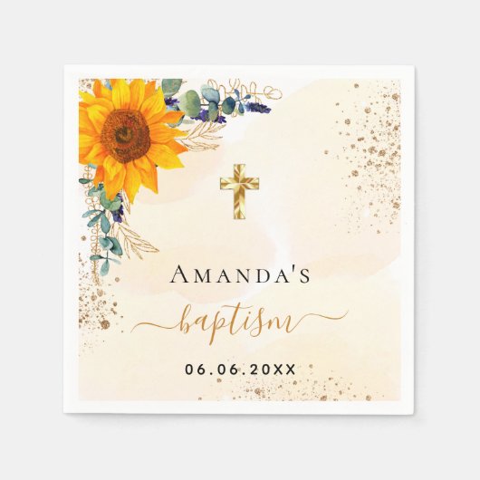 Baptisme zonnebloemen eucalyptusgroene glitter servet (Voorkant)