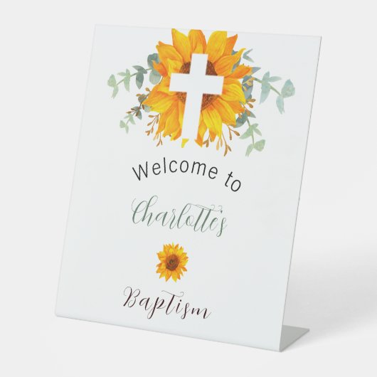 Baptisme zonnebloemen eucalyptuskruis welkom reclamebord met voetstuk (Voorkant)