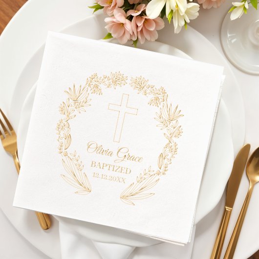 Baptized Floral Cross Religious Event  Folie Servetten