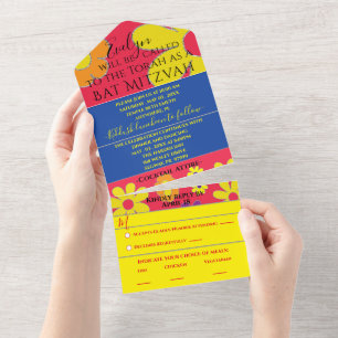 Bar Bat Mitzvah All n One Invitation Flowers All In One Uitnodiging