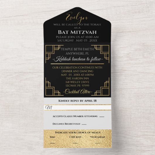 Bar Bat Mitzvah Art Deco All In One Uitnodiging (Binnen)