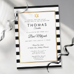 Bar, Bat Mitzvah Classic Black White Stripe Gold Kaart<br><div class="desc">Met een klassieke zwarte en witte stripe achtergrond,  kenmerkt deze elegante Bar of Bat Mitzvah uitnodiging een elegante faux goudfolie grens die uw details in de chemische typografie worden geplaatst. Ontworpen door: Thisnotme©</div>