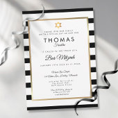 Bar, Bat Mitzvah Classic Black White Stripe Gold Kaart