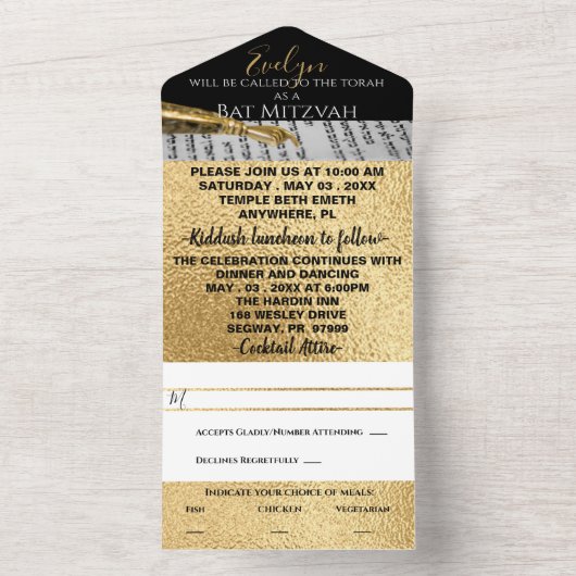 Bar Bat Mitzvah Goud en Zwart All In One Uitnodiging (Binnen)