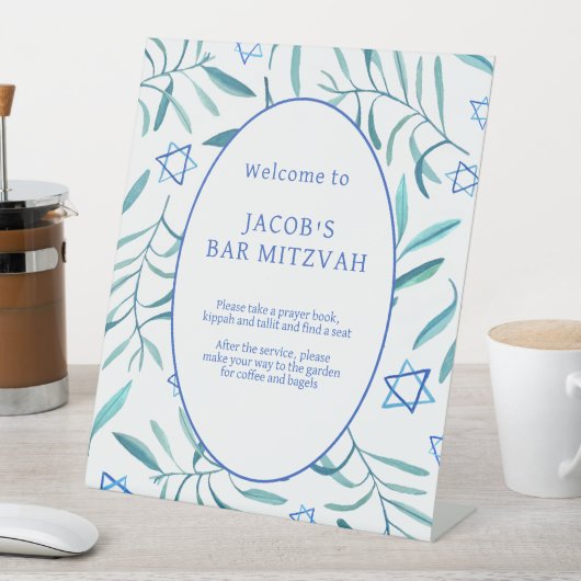 Bar Bat Mitzvah Joodse bruiloft Botanicals Custom Reclamebord Met Voetstuk (Insitu)