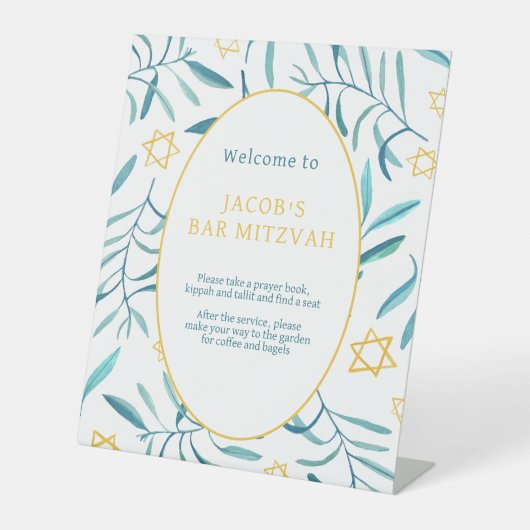 Bar Bat Mitzvah Joodse bruiloft Botanicals Custom Reclamebord Met Voetstuk (Voorkant)