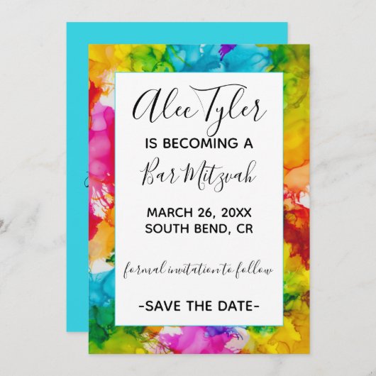 Bar Bat Mitzvah Kleur sparen de Datum Save The Date (Voorkant / Achterkant)