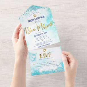 Bar / Bat Mitzvah Turquoise Waterverf Goud Feestel All In One Uitnodiging