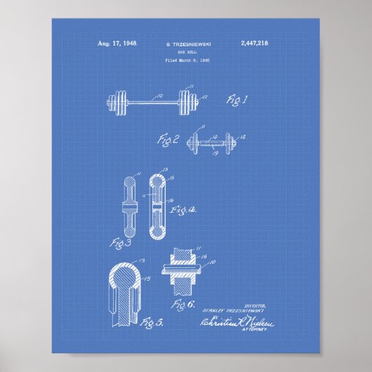 Bar Bell 1948 Patent Art Blueprint Poster (Voorkant)
