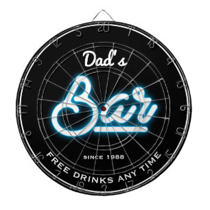 Bar Dad's Any Name Blue Neon Effect Funny Slogan Dartbord