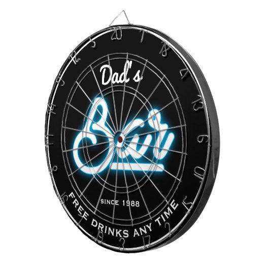 Bar Dad's Any Name Blue Neon Effect Funny Slogan Dartbord (Voorkant Rechts)