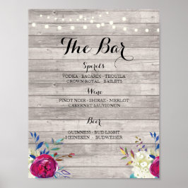 Bar Grey Wood Roze Bloem Teken Huwelijksreceptie Poster
