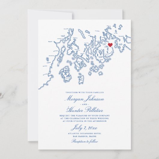 Bar Harbor Maine Kaart Elegant Navy Wedding (Voorkant)