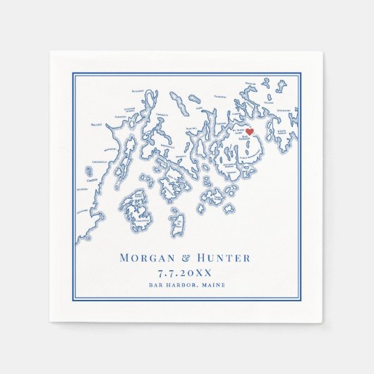 Bar Harbor Maine Kaart Marine Elegant Bruiloft Servet (Voorkant)