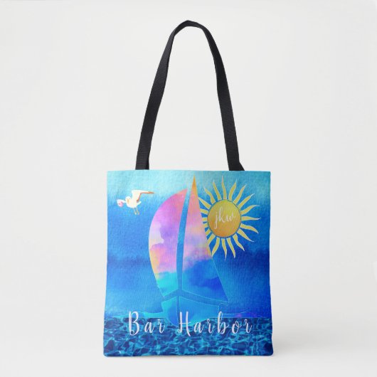 Bar Harbour Maine Waterverf Sailboot met Initialen Tote Bag (Voorkant)