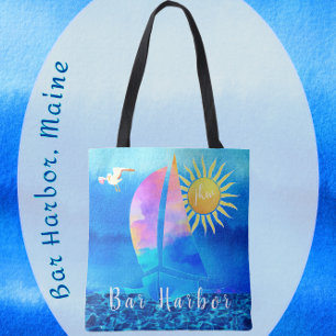 Bar Harbour Maine Waterverf Sailboot met Initialen Tote Bag