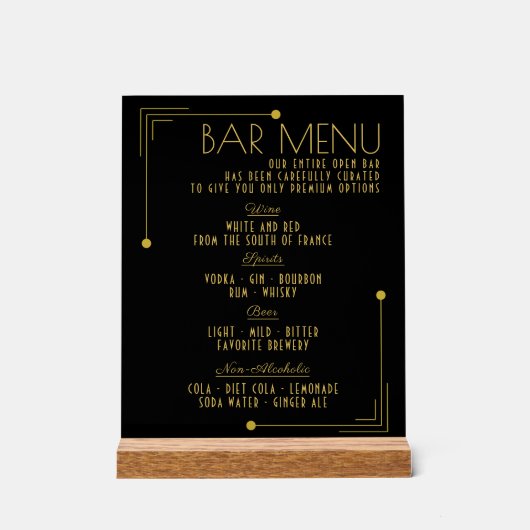 Bar Menu Art Deco 1920s Bruiloft Drinken Acryl Bord (Voorkant)