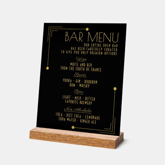 Bar Menu Art Deco 1920s Bruiloft Drinken Acryl Bord (Hoek)