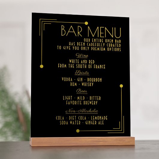 Bar Menu Art Deco 1920s Bruiloft Drinken Acryl Bord