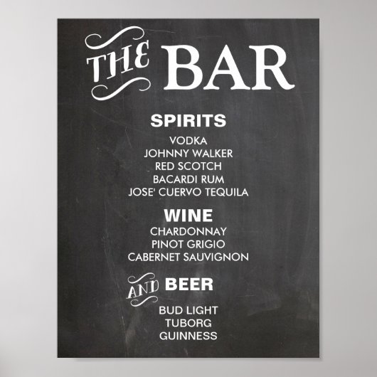 BAR MENU bord voor bruiloft en feest receptie Poster (Voorkant)