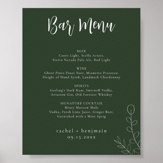 Bar Menu Bruiloft Salie Groen Botanisch Minimaal Poster (Voorkant)
