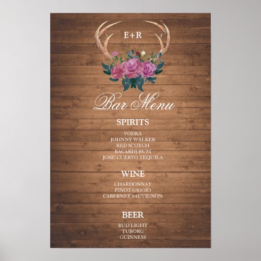 BAR MENU groot bord | Rendierhoorn | huwelijksbar Poster (Voorkant)