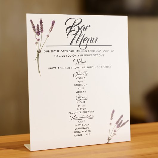 Bar Menu Lavender Wedding Drinken Pedestal Sign Reclamebord Met Voetstuk