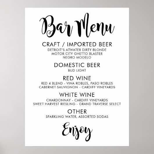 Bar Menu Modern Zwarte Handgeschreven Script Bruil Poster (Voorkant)